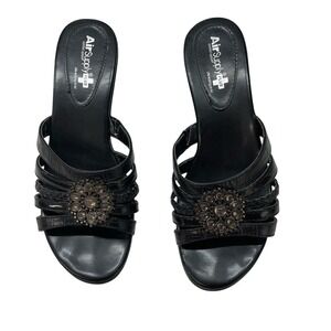 Air Supply Plus‎ Lynn Women Black Gemstone Multi Strap Wedge Slide Sandals 6.5M